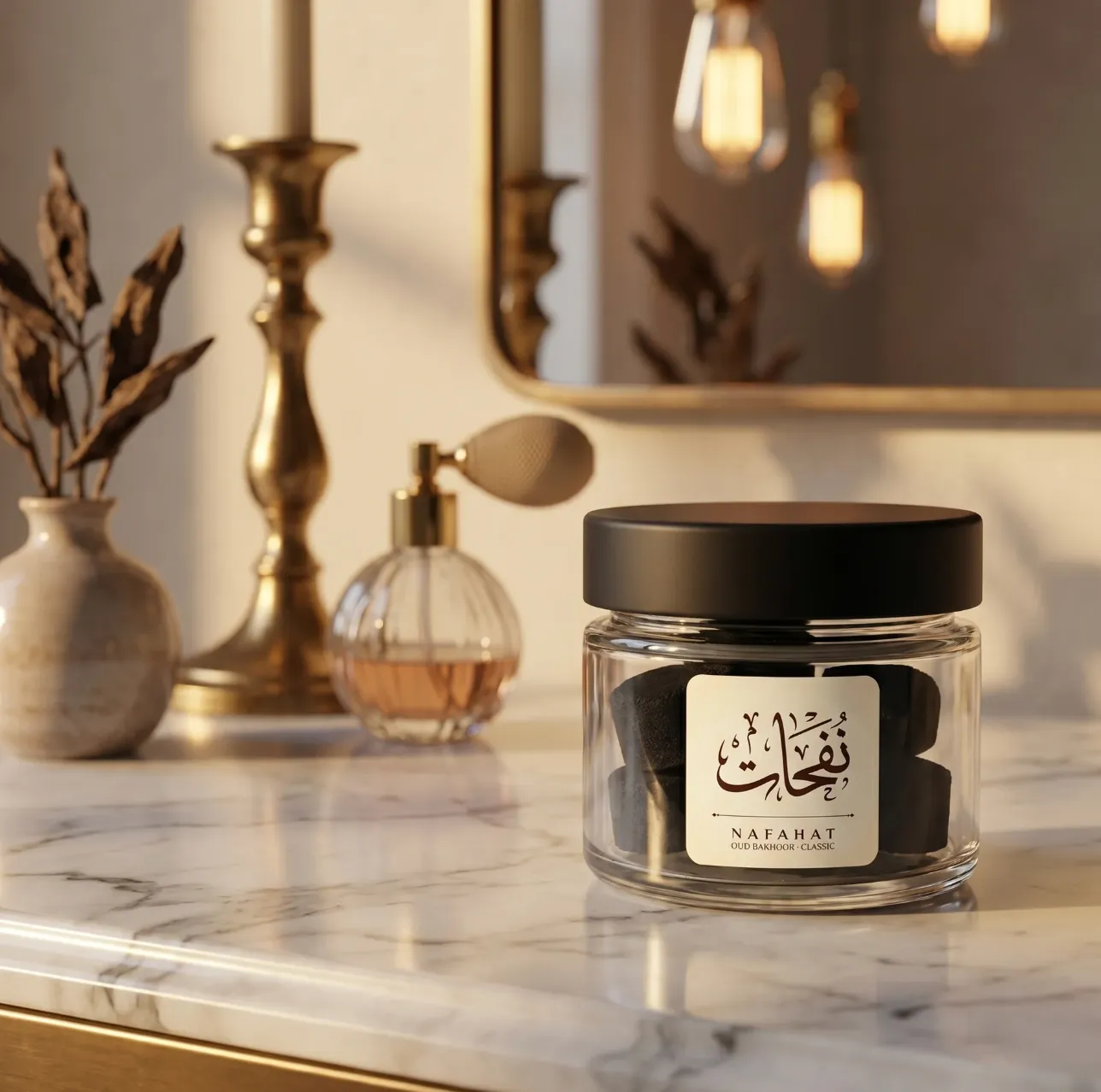 Nafahat bukhoor pellet jar on a marble vanity with a brass candlestick and atomiser perfume bottle